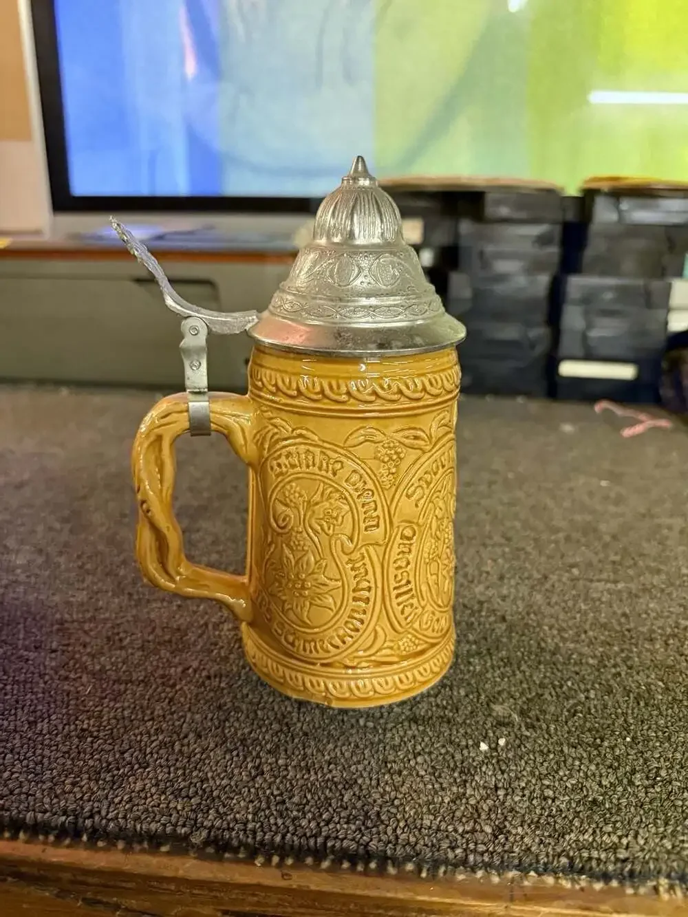 Vintage German-Style Ceramic Beer Stein with Pewter Lid and Relief Tavern Scene